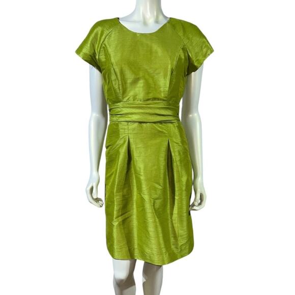 1950s Vintage Lime Green Silk Shantung Cocktail Dress Custom w/ Pockets Size 4-6 - Picture 2 of 10